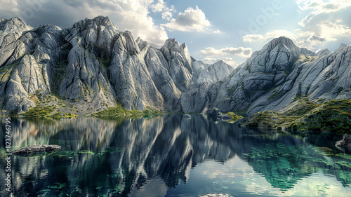 a scene of fault-block mountains with dramatic slopes and a tranquil, reflective lake photo