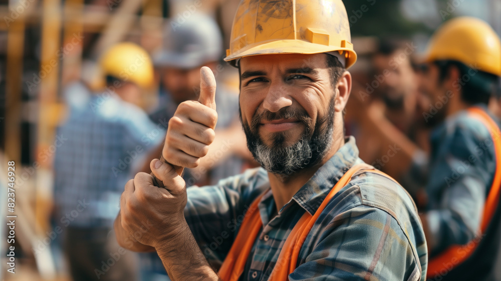An experienced bricklayer gives a confident thumbs up gesture, signaling approval and approval. An experienced bricklayer gives a confident thumbs up gesture, signaling approval and approval.