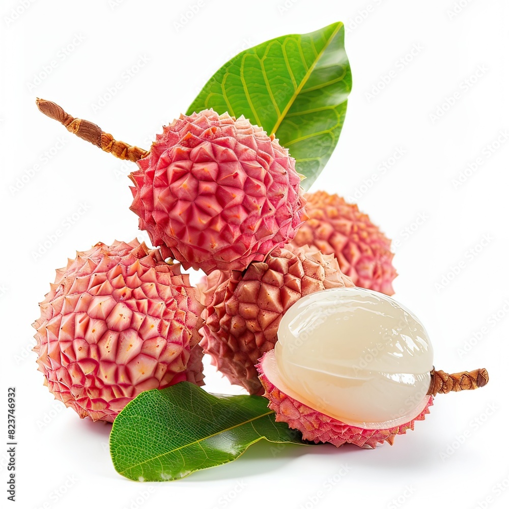 Lychee whole fruit and cut fruit in studio, isolated, white background, no shadow, no logo Lychee whole fruit and cut fruit in studio, isolated, white background, no shadow, no logo