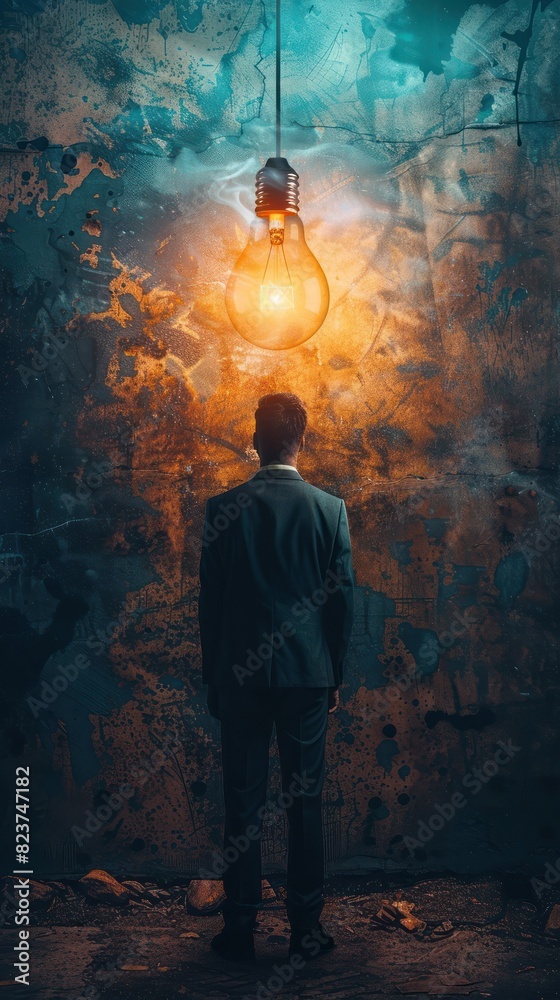 Obraz premium A man in a suit stands alone in a dark, grungy room, illuminated only by a single hanging lightbulb, creating a mysterious atmosphere.