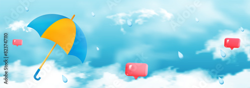 Monsoon sale offer banner template header with realistic clouds and colorful umbrella on blue background. Vector illustration.