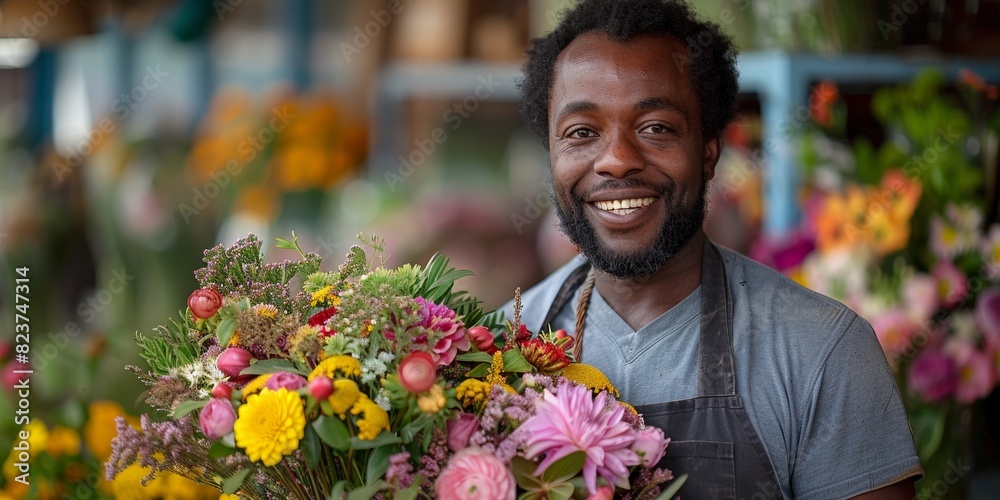 Fototapeta premium Smiling florist arranging colorful bouquet in small flower shop, cheerful and happy in workplace