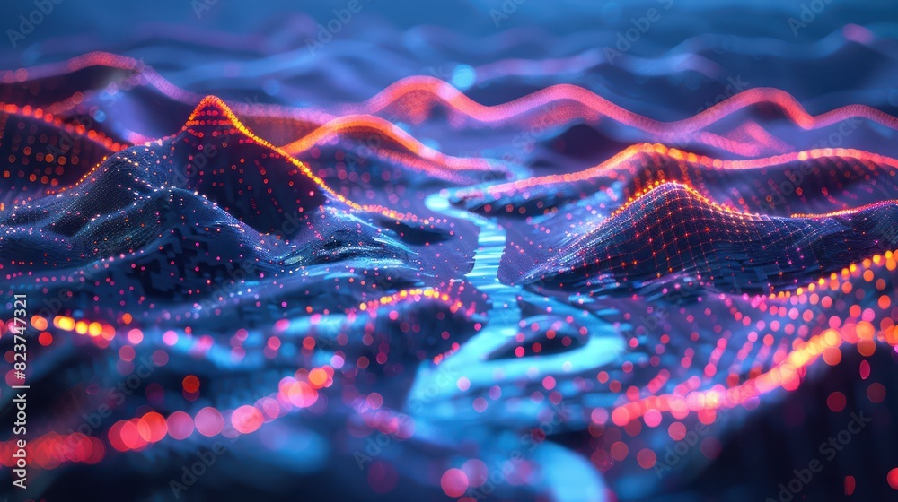 Abstract digital landscape with glowing neon lights and network connections representing data and technology. Abstract digital landscape with glowing neon lights and network connections representing data and technology.