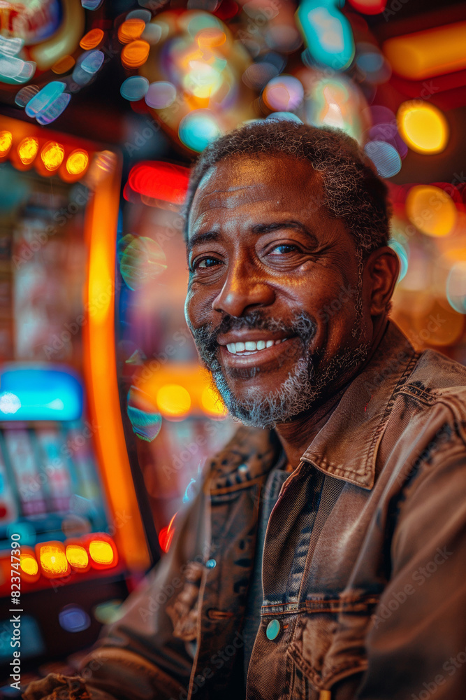 In the casino's glowing lights, an elderly player sits at the slot machine, enjoying the thrill of gambling