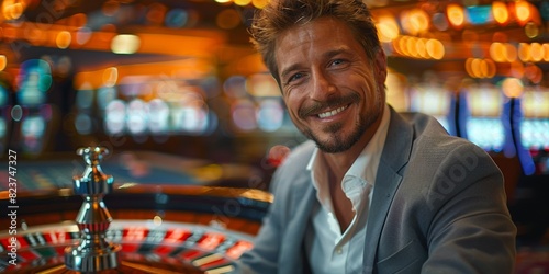 In the bustling casino, a fortunate man revels in the thrill of roulette, chasing the jackpot