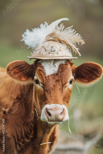 Portrait of a caw wearing a hat with a feather photo