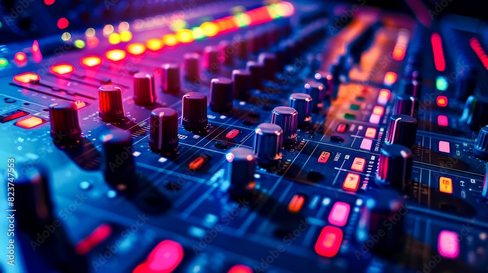 Detailed view of a sound mixing console with multiple sliders and knobs in a recording studio