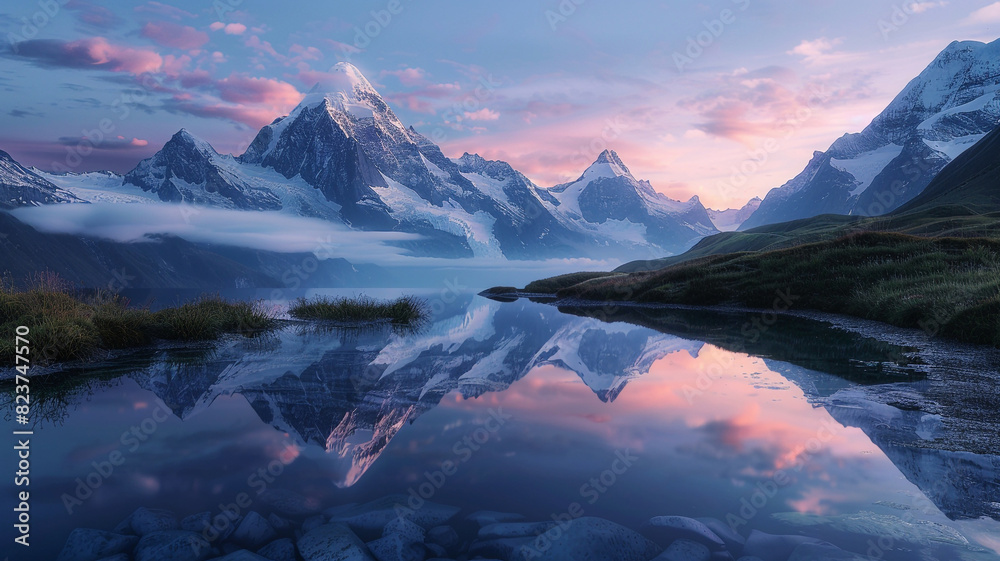 a scene of fold mountains reflecting in a tranquil alpine lake at dawn