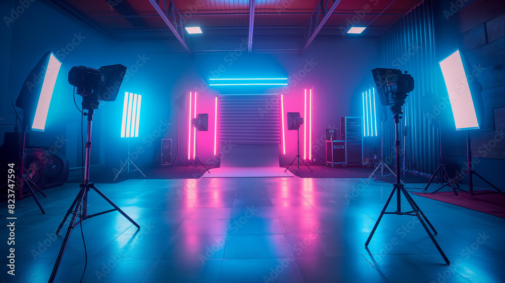 Photo studio with blue and pink neon lights.