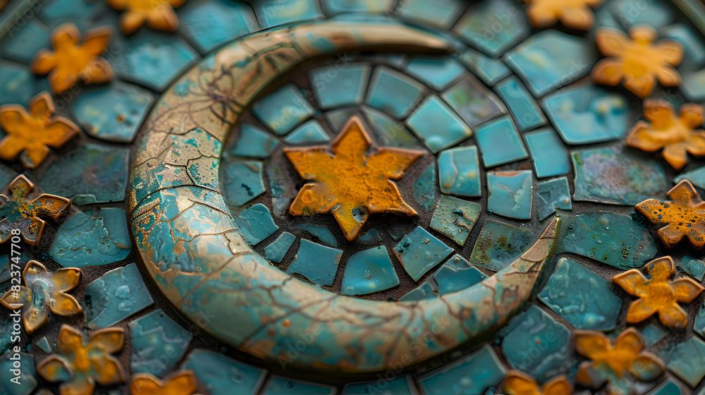 A close-up of a star and crescent motif in Islamic art