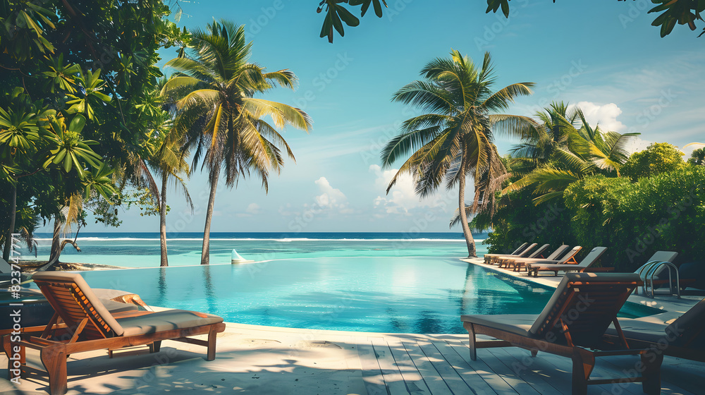 Fototapeta premium Beautiful view of an resort hotel outdoor swimming pool with beach view, summer concept
