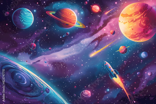 Fototapeta Naklejka Na Ścianę i Meble -  Epic outer space birthday background with planets, stars, and galaxies.