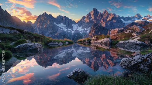 a scene of fold mountains reflecting in a tranquil alpine lake at dawn