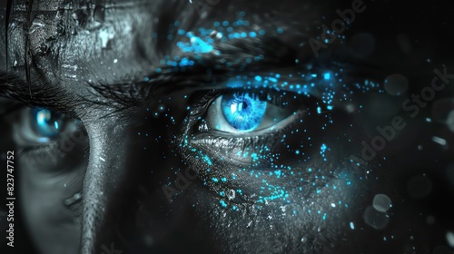 Close-up of a person's glowing blue eye with futuristic digital elements and a dark background, conveying a sci-fi and cyberpunk aesthetic.