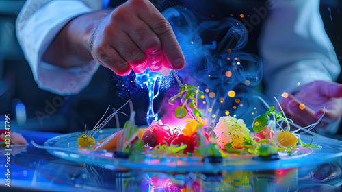 Fototapeta Naklejka Na Ścianę i Meble -  A chef creating a molecular gastronomy dish, detailed close-up, neon accents, photo-realistic, innovative