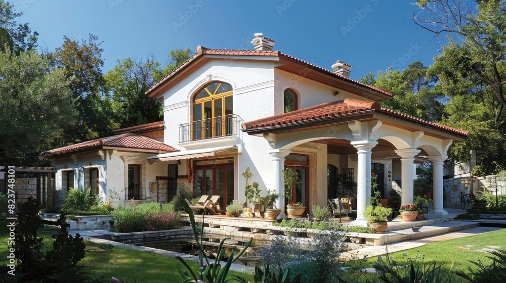 Passive ecological house with Mediterranean design, inspired by the architecture of countries such as Spain, Italy and Greece. generative ai Passive ecological house with Mediterranean design, inspired by the architecture of countries such as Spain, Italy and Greece. generative ai