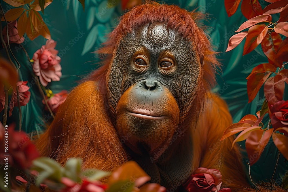 A red haired orangutan in his jungle habitat, high quality, high resolution