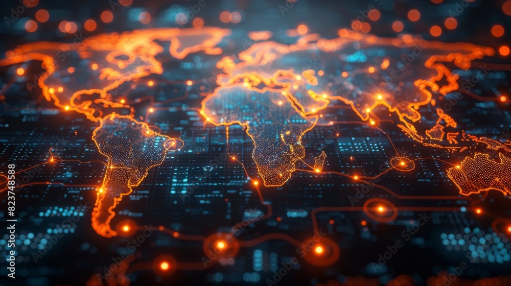 Obraz premium World map with glowing trade routes illustrating global connections