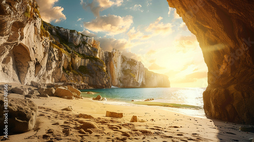 a secluded beach, framed by towering cliffs and bathed in golden sunlight