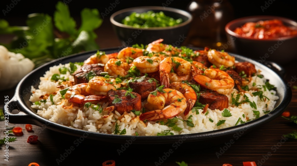 A plate of shrimp and rice featuring Cajun A plate of shrimp and rice featuring Cajun