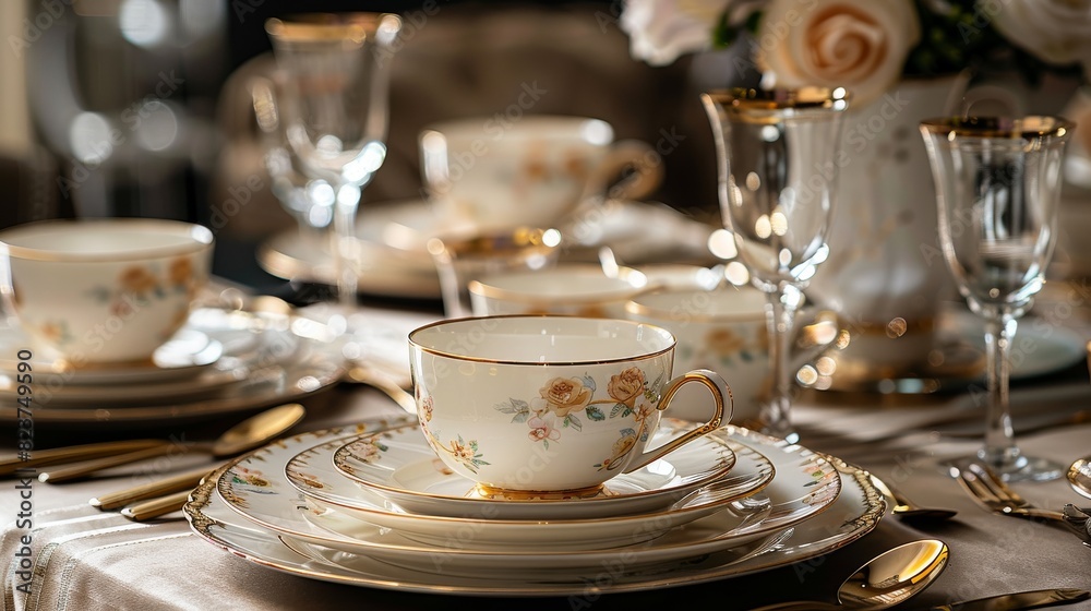 A table with a lot of fancy dishes and glasses A table with a lot of fancy dishes and glasses