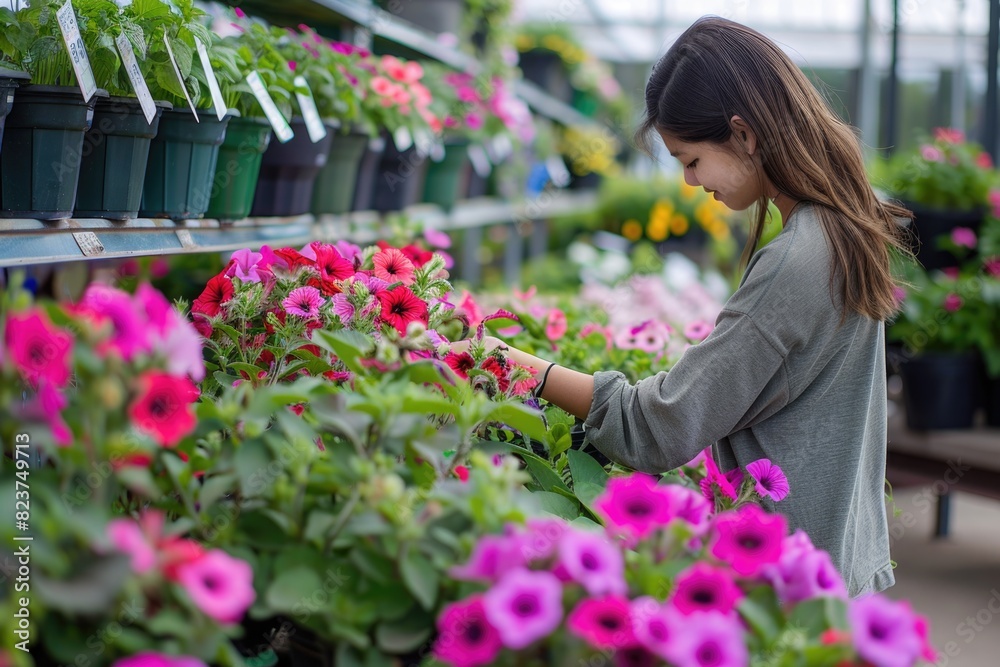 Nursery Garden. Woman selecting Petunia Flowers in Garden Plant Store for Childcare Center