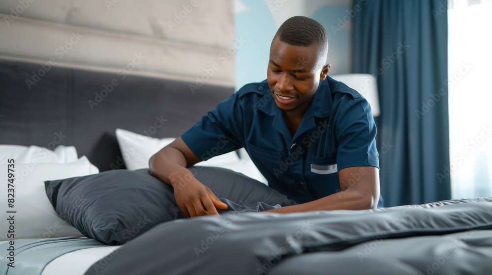 A Housekeeper Preparing a Hotel Bed