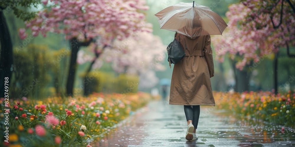 Obraz premium A young woman walks through the rainy city, her umbrella adding beauty to the spring scenery.
