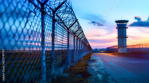 American South Border Fence with Watchtower, Border Patrol Concept, Security Fence, Road Between Border, Surveillance Tower, U.S. Border Control
