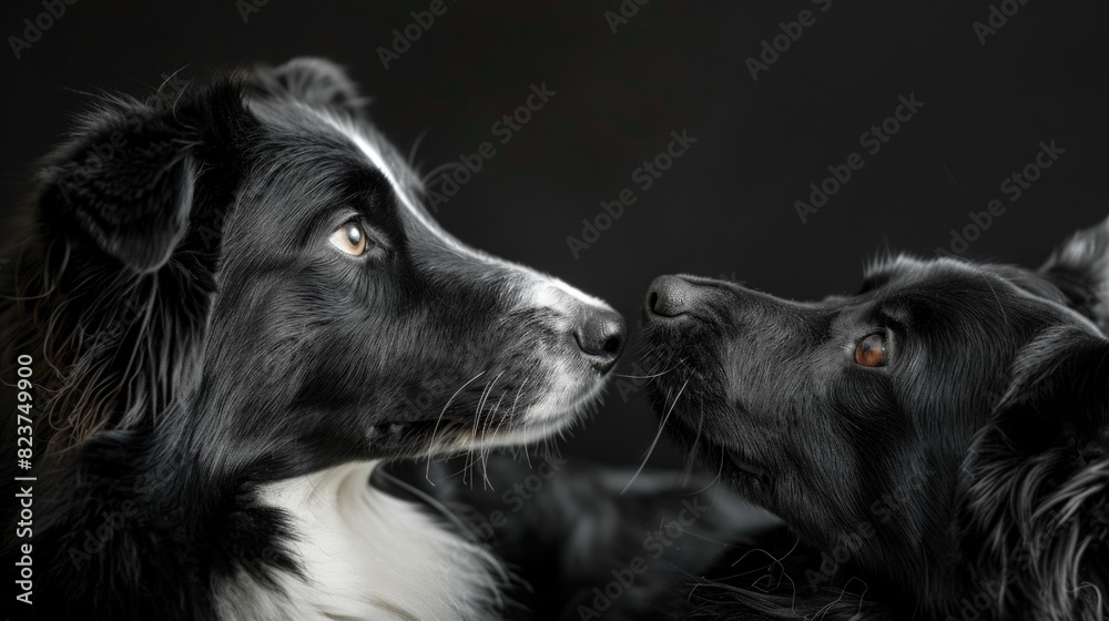 Dog Black And White. Lovely Portrait of Adorable Pet Border Collie in Magic Light Friendship with Cat Dog Black And White. Lovely Portrait of Adorable Pet Border Collie in Magic Light Friendship with Cat
