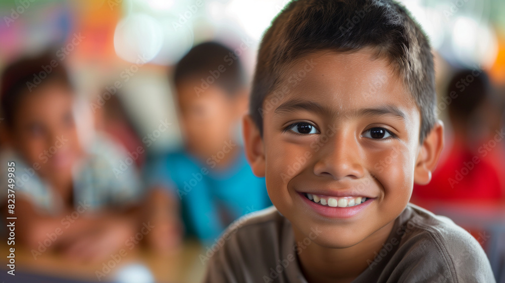 Young Boy Smiling in Front of a Group of People Young Boy Smiling in Front of a Group of People