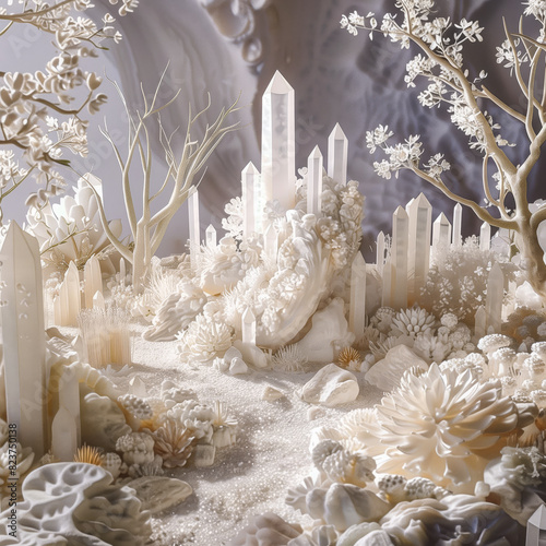 White crystal sculpture in an ethereal landscape with delicate trees and flowers, creating a magical and serene atmosphere