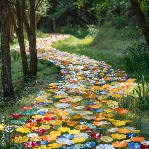 Colorful glass flowers create a whimsical path through a lush green forest, adding vibrant art to the natural setting.