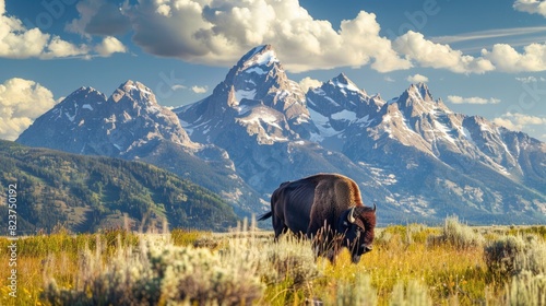 Mountain Wildlife. Bison in front of Grand Teton Range with Grass in Foreground photo