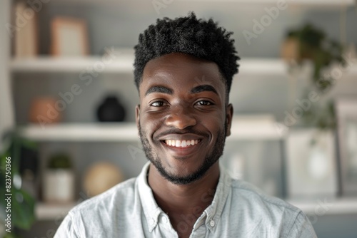 African American Face. Happy Black Man Smiling for Headshot Portrait at Home Office