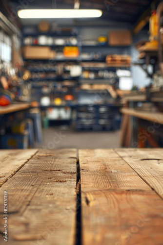 A wooden workbench in the foreground with a blurred background of an industrial workshop. The background includes various tools and equipment, metalworking machines, safety gear, and shelves. © grey