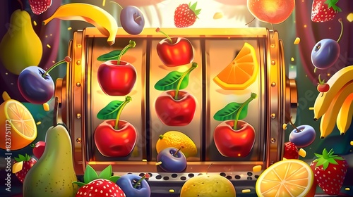 Includes various fruits like plums, bananas, cherries, blueberries, pears, lemons, and strawberries photo