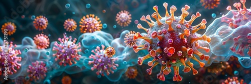 Detailed microbiology image of virus showing its capsid genetic material and surface proteins photo