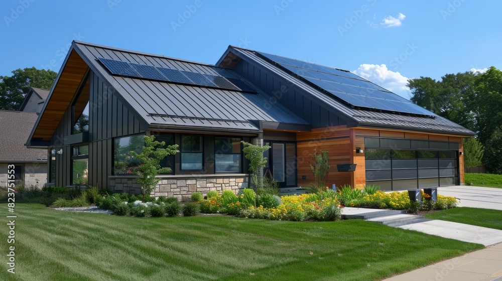 Suburban house with a modern and minimalist design, characterized by clean lines, geometric shapes and open spaces. generative ai Suburban house with a modern and minimalist design, characterized by clean lines, geometric shapes and open spaces. generative ai