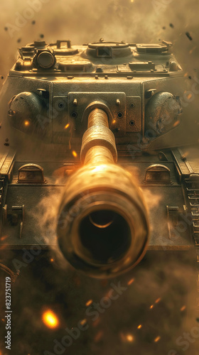 Portrait of World War 2 tank battle, looking straight down the gun barrel of a German Tiger tank as it's firing a shell, illustration