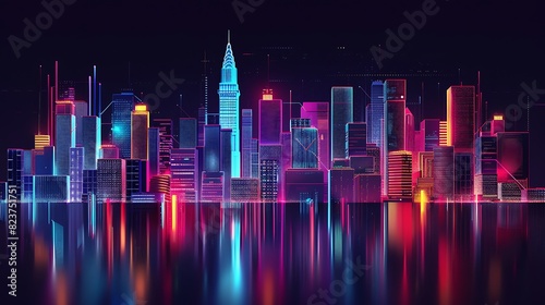 city, future, futuristic, neon, skyscraper, night, business, light, modern, technology, blue, dark, architecture, background, city landscape, downtown, glow, illuminated, skyline, tower, abstract, ill © Aisha