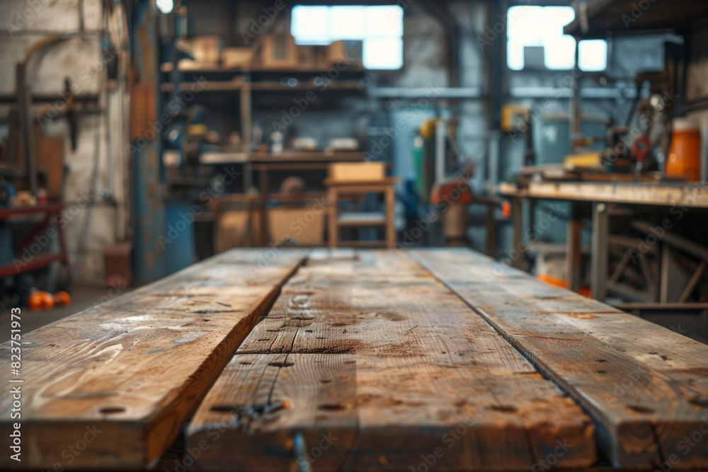 A wooden workbench in the foreground with a blurred background of an industrial workshop. The background includes various tools and equipment, metalworking machines, safety gear, and shelves. A wooden workbench in the foreground with a blurred background of an industrial workshop. The background includes various tools and equipment, metalworking machines, safety gear, and shelves.