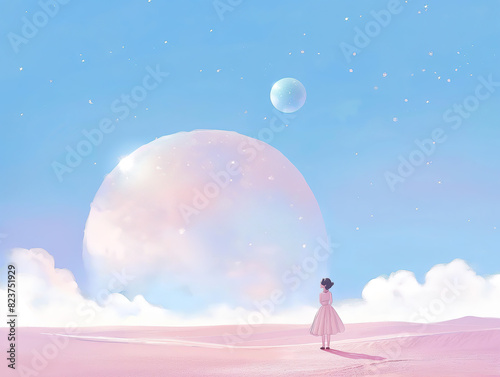 A portrait of a girl looking towards the giant moon in the desert, Pastel Color