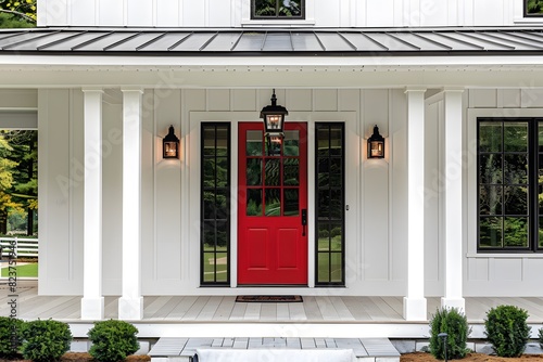 Detailed view of a white modern farmhouse's front entrance, highlighted by a pop of red in the front door, complemented by black light fixtures, and framed by pristine white pillars on the porch