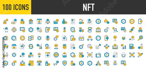Nft icon set. such as  Ownership, Marketing, Game, Trading Card, Store, Exchange, Wallet, Ethereum, Art , , Smartphone, Shopping Cart, Token, License, Atm and Card vector.