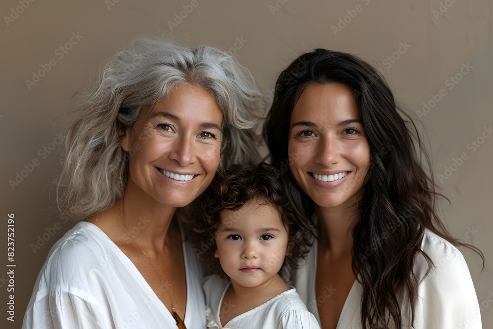 A nontraditional family photo with a child, happy family looking in the camera and smiling A nontraditional family photo with a child, happy family looking in the camera and smiling