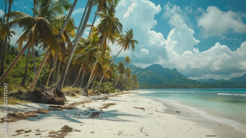 Tropical white sand beach with many of palm tree and coconut trees at summer. Generated AI image