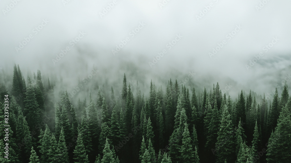 Moody Foggy Evergreen Forest in Pacific Northwest