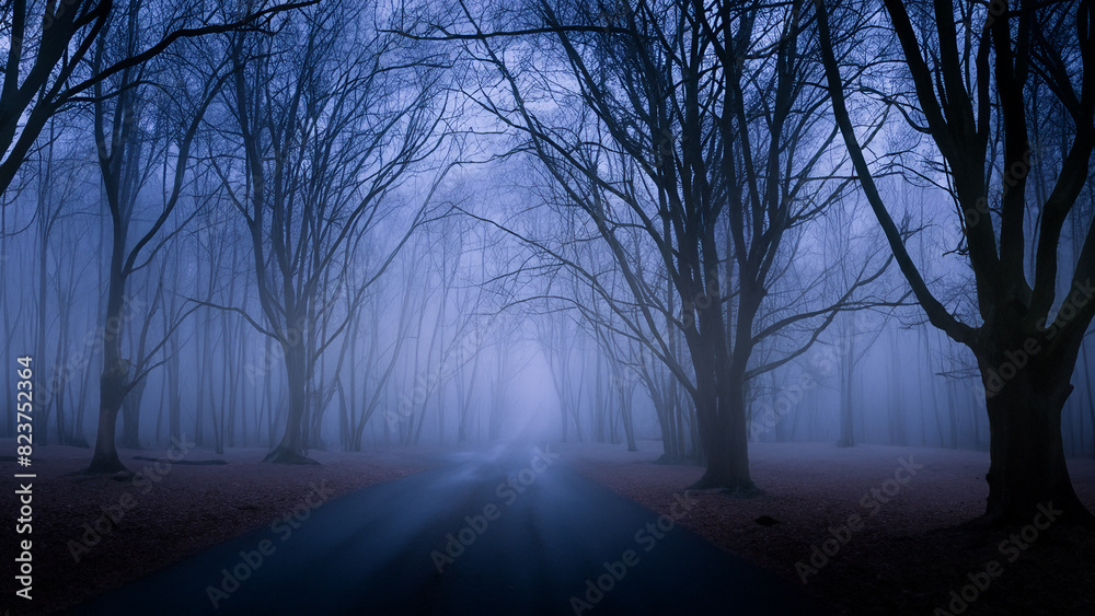Spooky Foggy Forest Road With Trees in Twilight Spooky Foggy Forest Road With Trees in Twilight