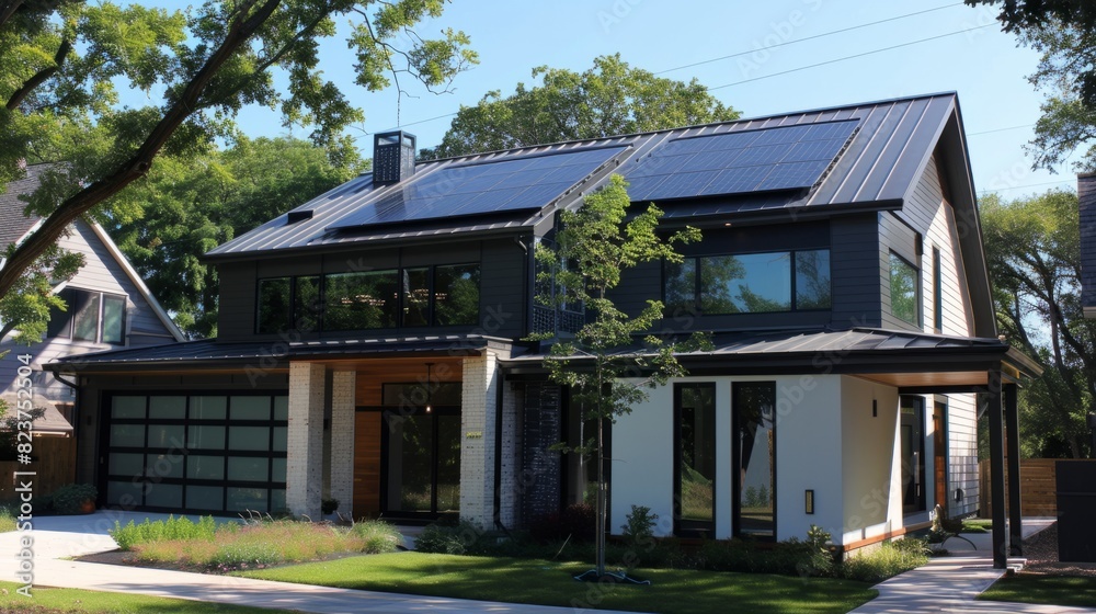 Suburban house with a modern and minimalist design, characterized by clean lines, geometric shapes and open spaces. generative ai Suburban house with a modern and minimalist design, characterized by clean lines, geometric shapes and open spaces. generative ai